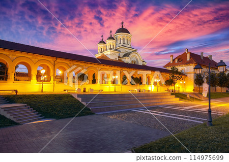 Amazing cityscape with Orthodox Coronation Cathedral inside fortified Alba Carolina Fortress. Amazing cityscape with Orthodox Coronation Cathedral inside fortified Alba Carolina Fortress. 114975699