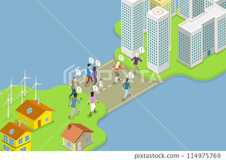 3D Isometric Flat Vector Illustration of Rural To Urban Migration, Population Growth and Urbanization 114975769