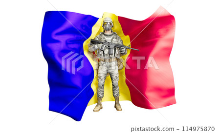 Armed Soldier in Front of the Waving Flag of Romania Armed Soldier in Front of the Waving Flag of Romania 114975870