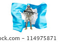 Soldier in Tactical Uniform in Front of the Waving Antarctic Flag 114975871