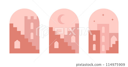 Abstract architecture, buildings, city, stairs. Moroccan eastern window, door, gateway shapes for card, poster. Contemporary aesthetic illustrations. Abstract architecture, buildings, city, stairs. Moroccan eastern window, door, gateway shapes for card, poster. Contemporary aesthetic illustrations. 114975909