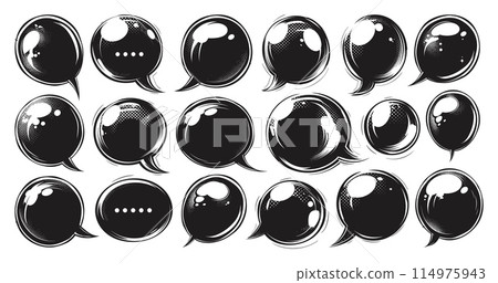 Hand Drawn Manga Comic Bubbles. Simple Style, Black Icons on White Background, Cartoon Dialogue Balloons, Speech and Thought Bubbles, Anime Style Illustrations, Comic Book Elements, Graphic Novel 114975943
