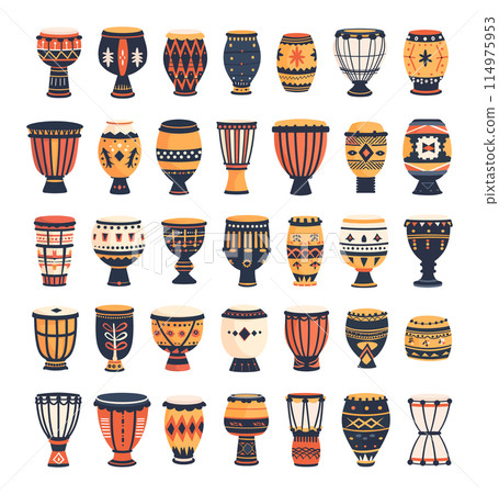 Flat Drums of the World Icons Set. Simple Vector Illustration on White Background. Percussion Instruments, Musical Drums, Ethnic Drums, Traditional Drumming, Cultural Icons, Drum Kit, Global Beats 114975953