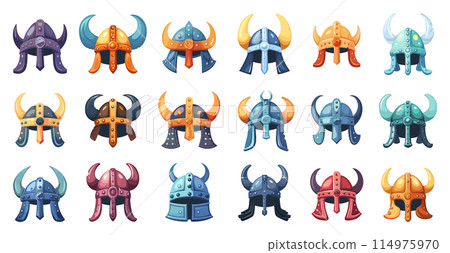 Cartoon Viking Helmets Icons Set. Simple Vector Cartoon Style. Norse Warrior Headgear, Scandinavian Culture, Medieval Helmets, Viking Iconography, Historical Armor, Ancient Norse Symbols, White 114975970