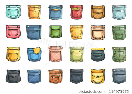 Cartoon Types of Rear Patch Pockets. Simple Vector Illustration on White Background. Back Pocket Designs, Denim Patch Pockets, Jeans Pocket Styles, Fashion Details, Clothing Embellishments, Apparel Cartoon Types of Rear Patch Pockets. Simple Vector Illustration on White Background. Back Pocket Designs, Denim Patch Pockets, Jeans Pocket Styles, Fashion Details, Clothing Embellishments, Apparel 114975975