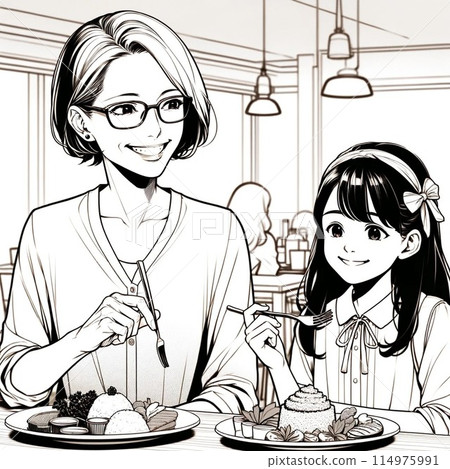 Woman and girl having fun eating at a restaurant Woman and girl having fun eating at a restaurant 114975991