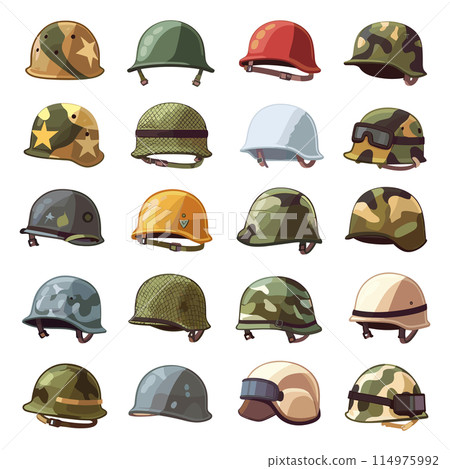 Cartoon Military Helmets. Simple Cartoon Style Icons. White Background, Army Helmet Illustrations, Combat Headgear, Tactical Gear, Soldier Protection, Military Equipment, Defense Icons, Army Uniform 114975992