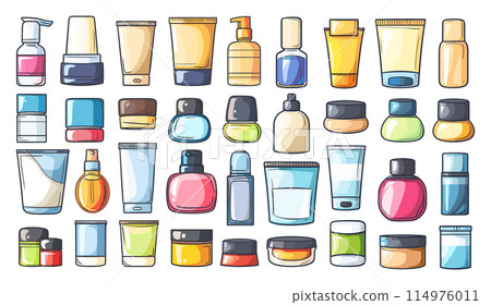Cartoon Cosmetics and Personal Care Products. Simple Vector Illustration on White Background. Beauty Essentials, Makeup Items, Skincare Products, Cosmetics Collection, Personal Hygiene Icons, Beauty Cartoon Cosmetics and Personal Care Products. Simple Vector Illustration on White Background. Beauty Essentials, Makeup Items, Skincare Products, Cosmetics Collection, Personal Hygiene Icons, Beauty 114976011