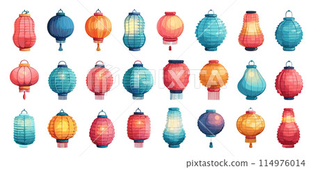 Cartoon Chinese Festival Paper Lantern Icons. Simple Vector Illustration on White Background. Traditional Chinese Lantern Festival, Festive Paper Lanterns, Cultural Celebration, Asian Holiday 114976014
