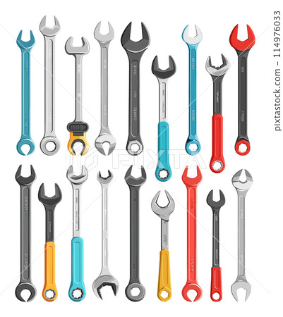 Flat Spanner Wrenches Icon Set. Simple Vector Illustration on White Background, Adjustable Tools, Repair Equipment Collection, Mechanical Instruments, Industrial Spanners 114976033