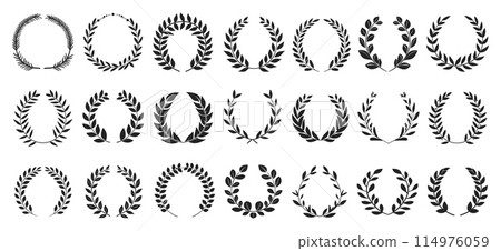 Black silhouette laurel wreath collection. Clean vector set on white background. laurel wreaths, leaves, patterns, natural shapes 114976059
