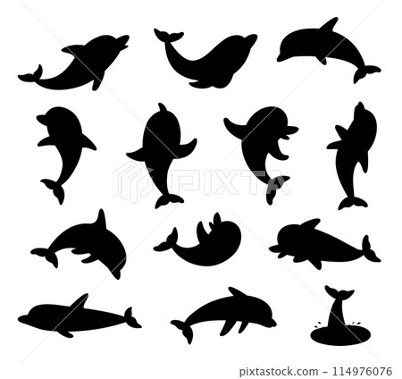 Isolated black dolphins silhouettes. Dolphin swimming and playing. Underwater animals stickers, flat sea ocean marine characters classy vector clipart Isolated black dolphins silhouettes. Dolphin swimming and playing. Underwater animals stickers, flat sea ocean marine characters classy vector clipart 114976076