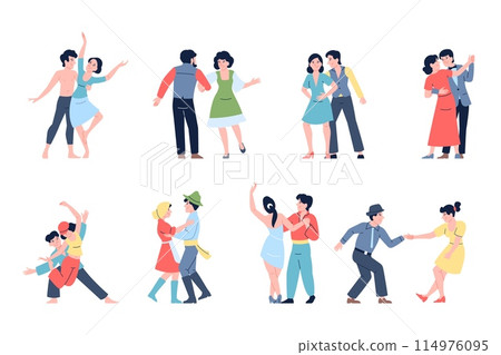 Couple dancing together. Different dancers, modern and ballet, hip hop and traditional dances. People in different costumes, entertainment actors recent vector set 114976095