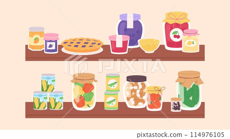 Jam jars and vegetable preserves on shelves. Sweet pie with fruit or berry marmalade. Pickles, peppers, tomatoes, olives and mushrooms, vector elements 114976105