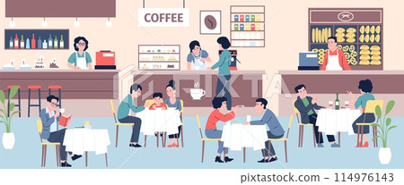 People eating and drinking on food court. Food stalls with coffee, pastries and cakes. Families and single person in cafe, recent vector scene 114976143