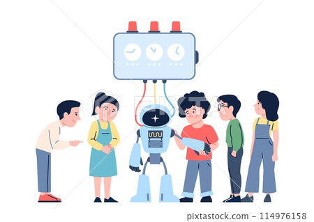 Kids and robot. Little children create and program cyborg. Android making lesson, modern courses of smart technologies, recent vector scene Kids and robot. Little children create and program cyborg. Android making lesson, modern courses of smart technologies, recent vector scene 114976158