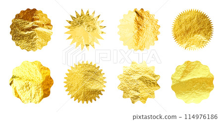 Golden stars, sunburst symbols. Shiny gold foil. Vintage sunbeam symbols. Shopping labels, sale or discount sticker, quality mark. Special offer price tag, promotional badge. Vector illustration 114976186