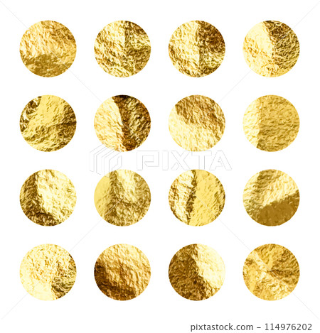 Gold foil, shiny handmade circles. Golden glittering texture, pattern. Luxury shining hand drawn background. Wedding, greeting card decoration elements. Modern minimalist art. Vector illustration 114976202