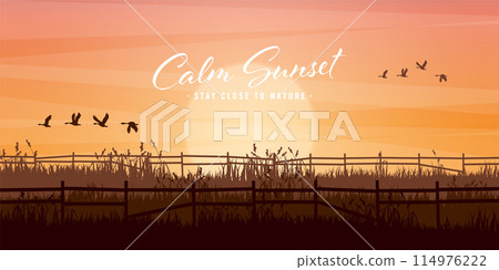 Meadow silhouettes with grass and old wooden fence. Countryside, panoramic summer lawn rural landscape with herbs, weeds. Agriculture and farming. Summer sunset in nature. Vector illustration Meadow silhouettes with grass and old wooden fence. Countryside, panoramic summer lawn rural landscape with herbs, weeds. Agriculture and farming. Summer sunset in nature. Vector illustration 114976222