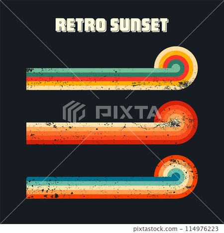 Grunge horizontal vintage sunsets. Various colorful striped sunrise badges in 80s and 90s style. Sun and ocean view, summer vibes, surfing. Design element, print, logo or t-shirt. Vector illustration Grunge horizontal vintage sunsets. Various colorful striped sunrise badges in 80s and 90s style. Sun and ocean view, summer vibes, surfing. Design element, print, logo or t-shirt. Vector illustration 114976223
