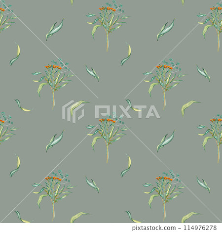 Seamless pattern with bouquet of flowers, meadow leaves and wild dry grass. Vintage wallpaper with evergreen grass field in nature, meadow in springtime. Natural green tones, natural elements 114976278