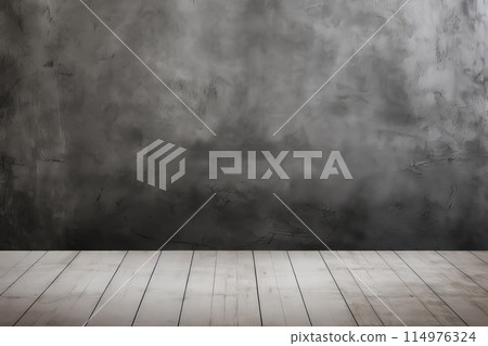 An empty room with a wooden floor and a concrete wall, under a gray sky 114976324