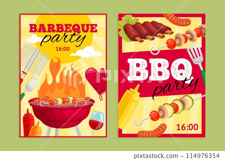 Cartoon barbecue posters. Bbq invitation poster, beach grill party event flyer summer cookout garden picnic backyard kebab chicken 114976354