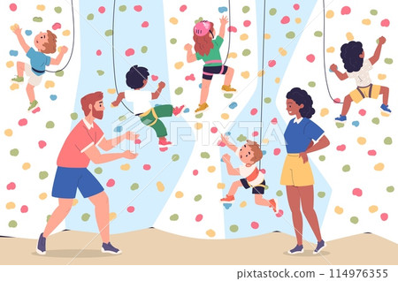 Kids climbing. Child training in bouldering gym, mountaineering extreme youth sport climb high cliff wall grips safety rope, courage challenge kid game, classy vector illustration 114976355