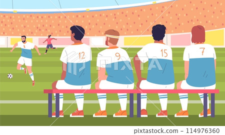 Soccer reserve team. Substitute football team players sit on bench of stadium or school sport court, sitting footballer back rear view, junior training classy vector illustration 114976360