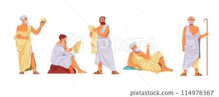 Ancient philosopher. Roman or greek philosophers cartoon character, old man in toga thinking metaphysics, socrates plato aristotle pythagoras Ancient philosopher. Roman or greek philosophers cartoon character, old man in toga thinking metaphysics, socrates plato aristotle pythagoras 114976367