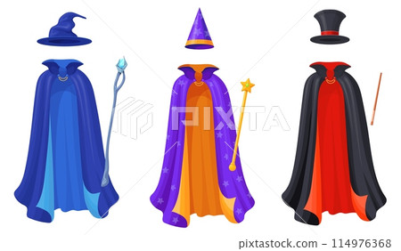Magician cloak. Carnival costumes clothing, magic mantle wizard mantle collar magicians hat mysterious cloak mystery ghost halloween masquerade circus cape neat vector illustration 114976368