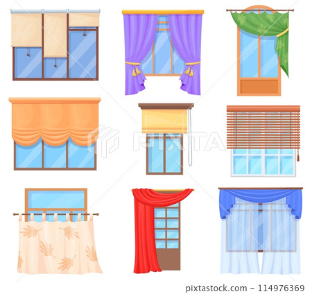 Cartoon curtains types. Hanging curtain on windows, hang fabric or closed roller blinds for luxury hotel room office home kitchen window decor interior, neat vector illustration Cartoon curtains types. Hanging curtain on windows, hang fabric or closed roller blinds for luxury hotel room office home kitchen window decor interior, neat vector illustration 114976369