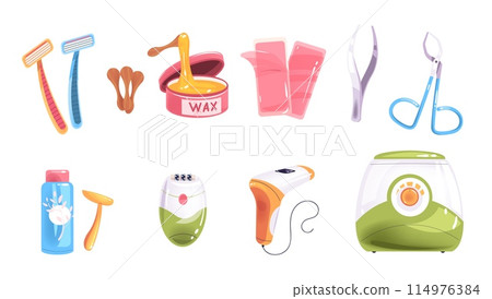 Hair removal equipment. Hairs epilation depilation home method or beauty salon devices, wax female razor spatula ipl laser machine epilator, skin hygiene classy vector illustration 114976384