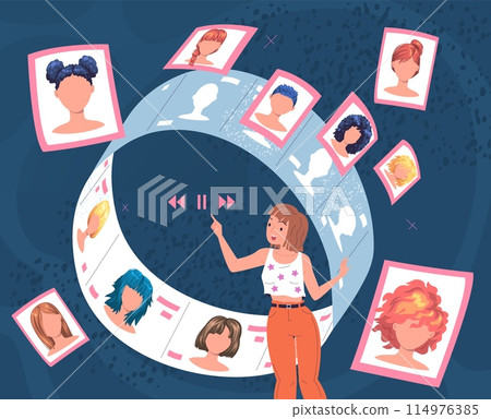 Woman choose hairstyle. Girl change hairstyles appearance look cyber space, compare haircut choice online hairstylist salon different female hair style, classy vector illustration 114976385