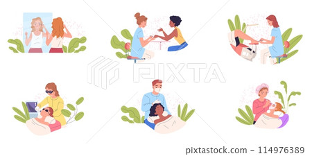 Women cosmetology procedures. Cosmetological clinic beauty services, cosmetolog filling aesthetic face lip filler dermatologist skin laser treatment, classy vector illustration 114976389