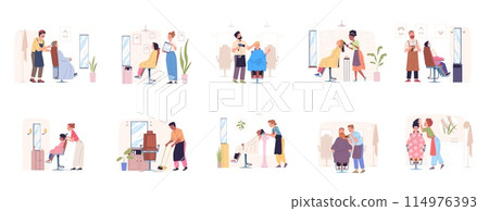 Hair salon customers. Hairdresser cutting customer in chair, cartoon hairstylist workplace barber dresser character haircutter work dryer comb, beauty classy vector illustration 114976393