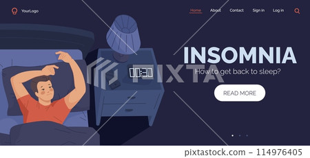 Insomnia landing page. Awake man sleepless night on bed in dark bedroom background, bad sleep depression concept cartoon character thinking 114976405