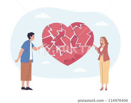 Couple assembling heart. Broken relationship build or family marriage problem concept, boyfriend and girlfriend conflict love romantic partner communication vector illustration Couple assembling heart. Broken relationship build or family marriage problem concept, boyfriend and girlfriend conflict love romantic partner communication vector illustration 114976406
