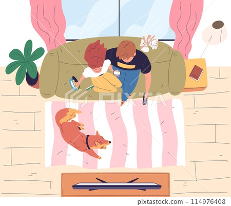 Watch tv top view. Family couple enjoys cinema movies or soccer, man woman sitting couch eating snack, person sit sofa look television news home leisure classy vector illustration 114976408