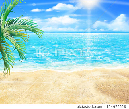 明亮的夏日沙灘、藍天、雲彩模糊、棕櫚樹和大海的美麗框架插圖素材 114976628