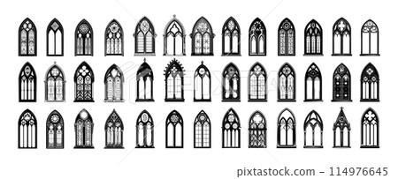 Gothic church window black silhouette vector set. Stained glass cathedral frame catholic medieval arch ancient european architecture opening traditional exterior element, icons isolated on white Gothic church window black silhouette vector set. Stained glass cathedral frame catholic medieval arch ancient european architecture opening traditional exterior element, icons isolated on white 114976645