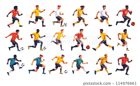 Football players cartoon vector set. Men active poses uniform ball soccer team run kick sports game champion competition characters, illustration isolated on white background 114976661