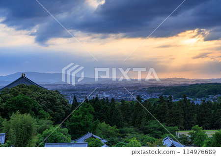 100 Best Sunsets in Japan - Evening view from Todaiji Temple's Nigatsudo Hall - Sunshine peeking through the clouds and an angel's ladder - 18:13 100 Best Sunsets in Japan - Evening view from Todaiji Temple's Nigatsudo Hall - Sunshine peeking through the clouds and an angel's ladder - 18:13 114976689