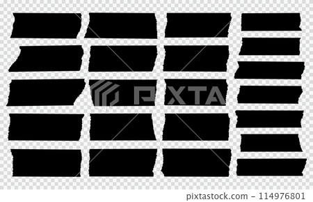 Torn paper pieces set vector. Black rectangle frames with jagged edges. Black vector collage shape of ripped papers silhouettes isolated on white. 114976801