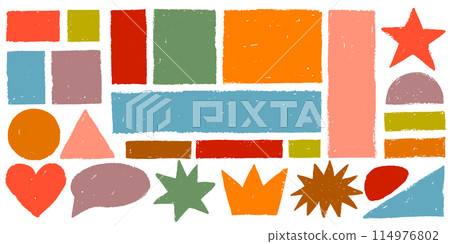 Colorful vector set with doodle rectangular shapes with rough edges, backgrounds, borders, frames, stars, speech bubble, crown Colorful vector set with doodle rectangular shapes with rough edges, backgrounds, borders, frames, stars, speech bubble, crown 114976802