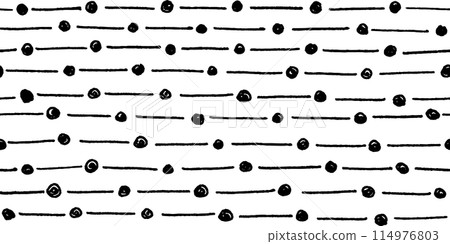 Small dash pattern. Vector seamless minimalist dash pattern, small black circle and line elements on white background Small dash pattern. Vector seamless minimalist dash pattern, small black circle and line elements on white background 114976803