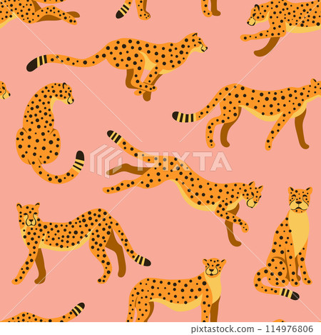 Graceful figures of cheetahs in motion, running, hunting, jumping on pink background. Vector seamless pattern for children's clothing, zoo animal tropical playroom decor. 114976806