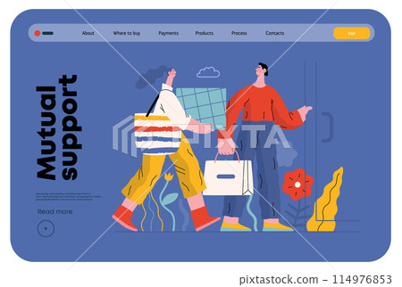 Mutual Support: Door Holding - modern flat vector concept illustration of woman carrying heavy box and man holding door for her. A metaphor of voluntary, collaborative exchanges of resource, services Mutual Support: Door Holding - modern flat vector concept illustration of woman carrying heavy box and man holding door for her. A metaphor of voluntary, collaborative exchanges of resource, services 114976853