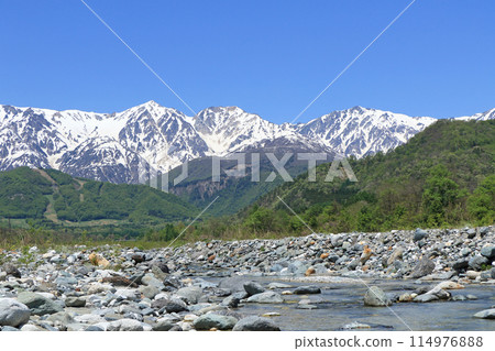 May in Hakuba: Snow-covered Northern Alps seen from the foot of the mountain May in Hakuba: Snow-covered Northern Alps seen from the foot of the mountain 114976888