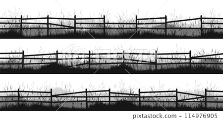 Meadow silhouettes with grass and old wooden fence. Countryside, panoramic summer lawn rural landscape with herbs, weeds. Herbal border, frame element. Black horizontal banners. Vector illustration Meadow silhouettes with grass and old wooden fence. Countryside, panoramic summer lawn rural landscape with herbs, weeds. Herbal border, frame element. Black horizontal banners. Vector illustration 114976905